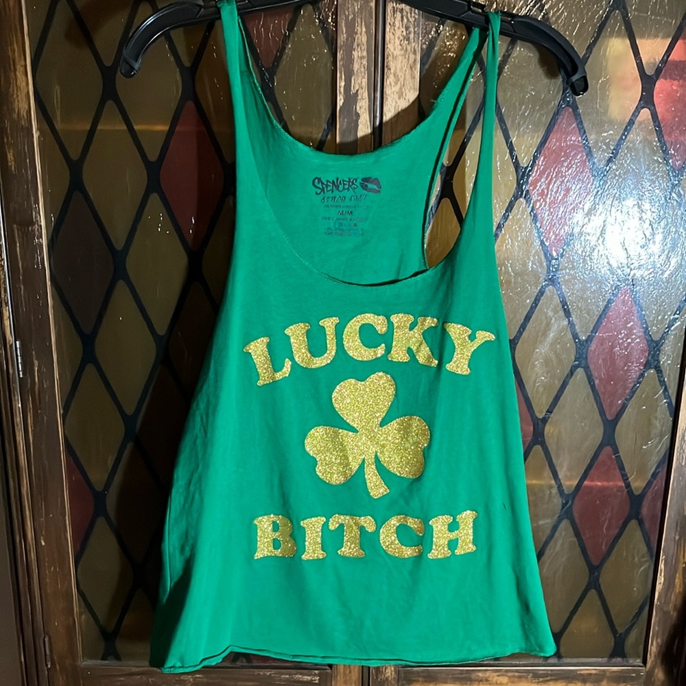 ✨2 for $15✨Kelly Green racerback tank top with sparkly gold lucky 🍀 b*tch front